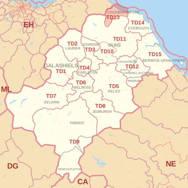 Map showing the TD13 Postcode area Covered By Hawick skip Hire