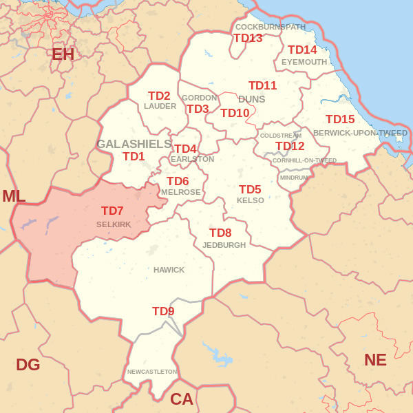Map showing the TD7 Postcode area Covered By Wooler skip Hire
